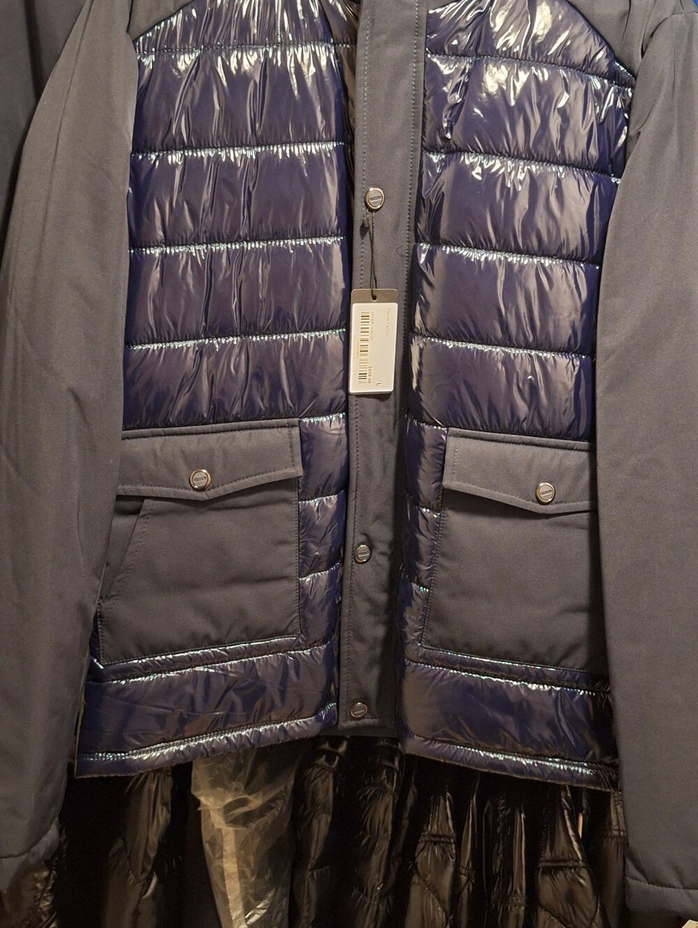 Men's Shiny Glossy Quilted Hooded Puffer Jacket Coat - Navy (fits like S)
